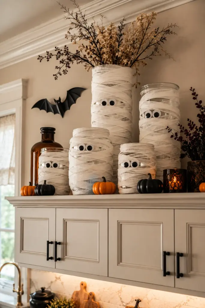 Creative Halloween Above-Kitchen-Cabinet Ideas featuring gauze-wrapped mummy vases with googly eyes, pumpkins, and modern Halloween accents.
