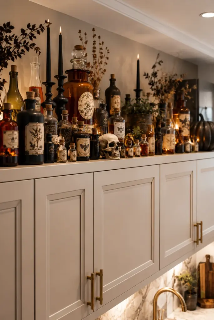 Creative Halloween Above-Kitchen-Cabinet Ideas with vintage potion bottles, apothecary jars, eerie labels, and elegant Halloween accents in a modern kitchen.
