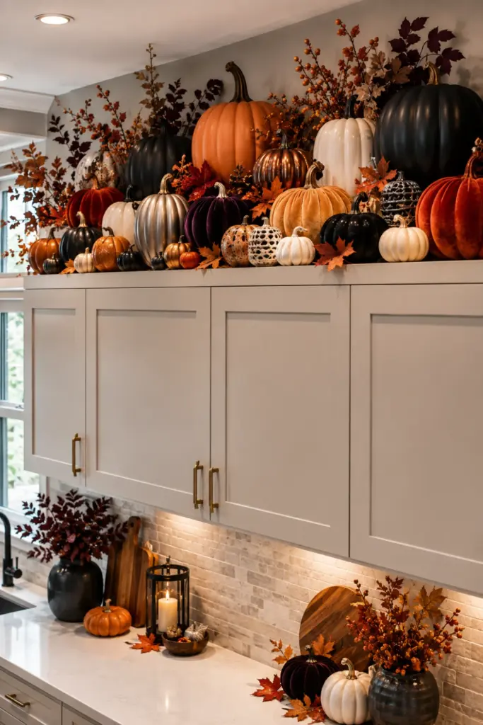 Creative Halloween Above-Kitchen-Cabinet Ideas featuring layered white, orange, and black faux pumpkins in a colorful modern kitchen display.
