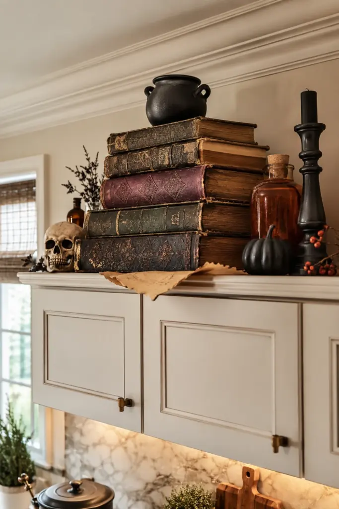Creative Halloween Above-Kitchen-Cabinet Ideas featuring a stack of weathered spell books topped with a cauldron and surrounded by moody Halloween accents.