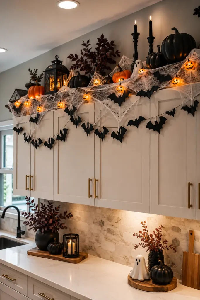 Creative Halloween Above-Kitchen-Cabinet Ideas featuring bat garlands, pumpkin string lights, spiderwebs, and layered Halloween décor above modern kitchen cabinets.