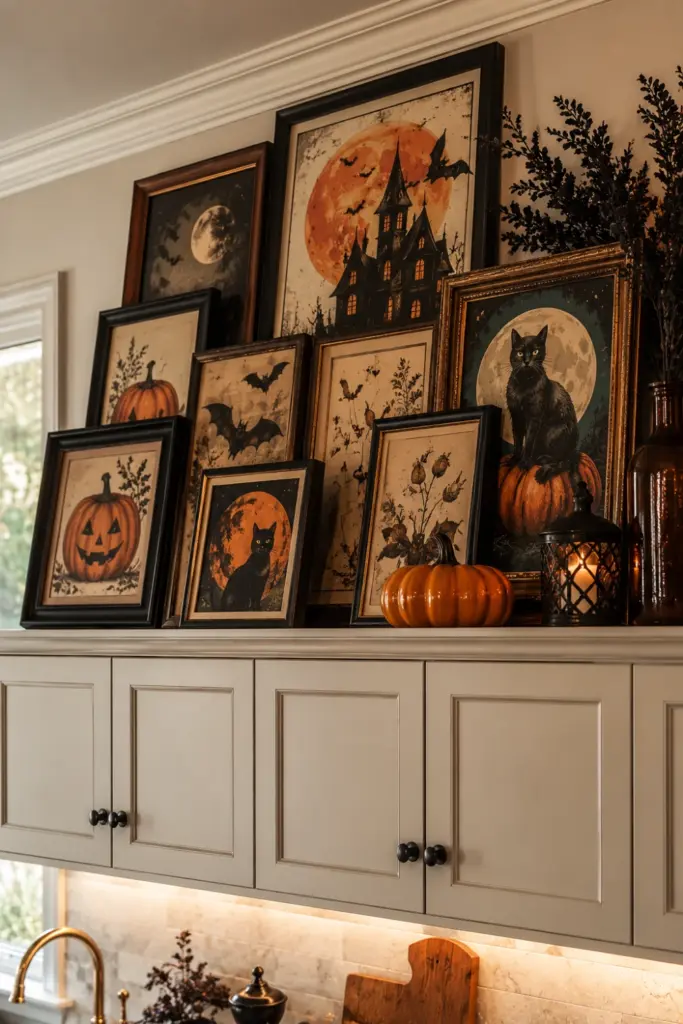 Creative Halloween Above-Kitchen-Cabinet Ideas featuring layered vintage Halloween poster art and framed prints above stylish contemporary kitchen cabinets.
