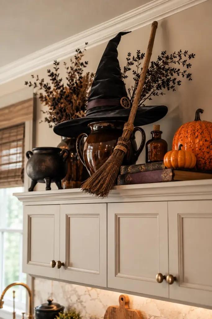 Creative Halloween Above-Kitchen-Cabinet Ideas featuring an elegant witch hat, miniature broomstick, teapot, potion bottle, and pumpkins above modern kitchen cabinets.