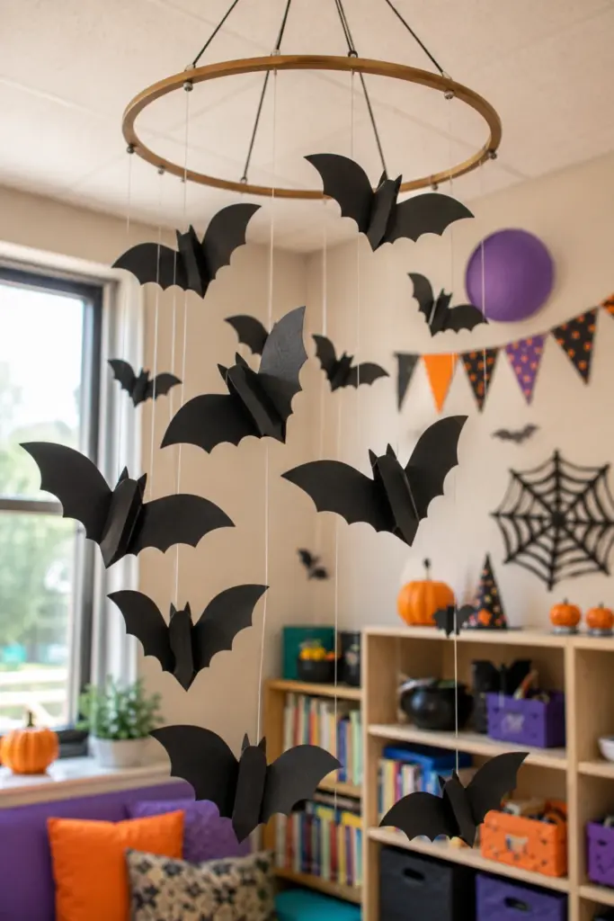 Handmade black paper bats are hanging at different heights from a classroom mobile for colorful modern Halloween decor.