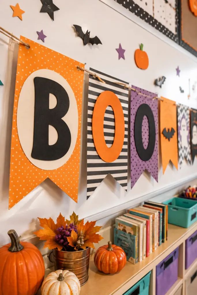 Colorful handmade Boo Halloween banner made from scrapbook paper and twine above a modern classroom display.