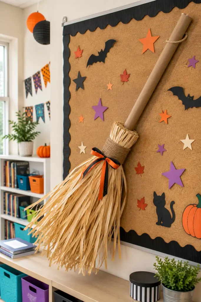 Handmade 3D Halloween broomstick decoration mounted diagonally across a colorful modern classroom bulletin board.