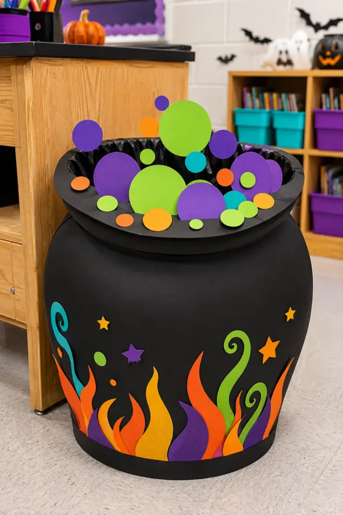 Classroom trash can transformed into a black Halloween cauldron with colorful bubbling paper potion decorations.