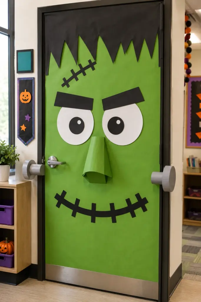 Giant handmade Frankenstein classroom door decorated with green construction paper, black hair, expressive eyes, stitched mouth, and paper bolts.