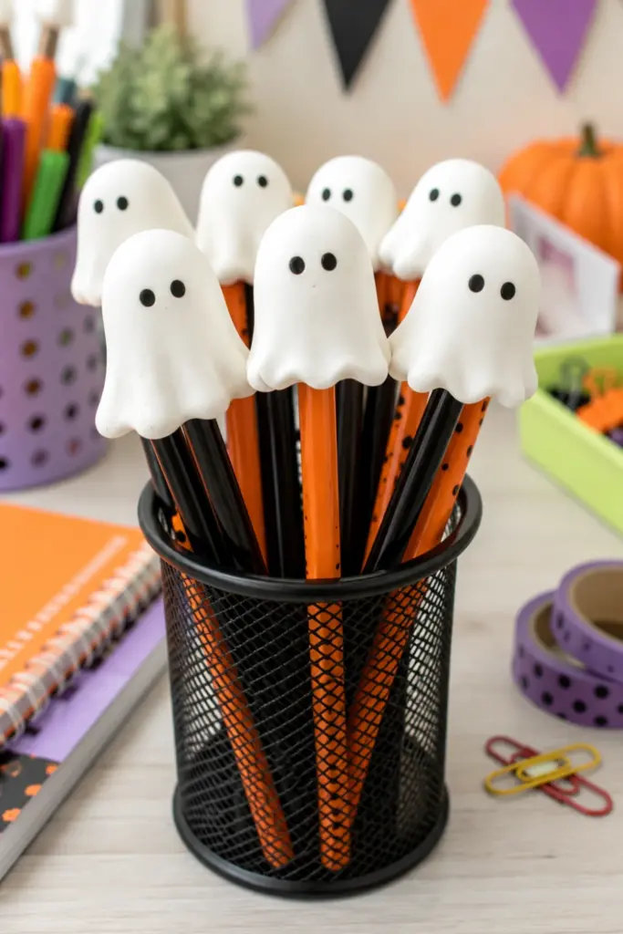 Cute handmade white ghost pencil toppers with tiny black eyes displayed on pencils in a modern Halloween classroom.