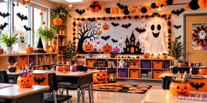 Creative Halloween DIY school decor ideas featuring easy classroom decorations with pumpkins, bats, ghosts, garlands, and festive Halloween displays