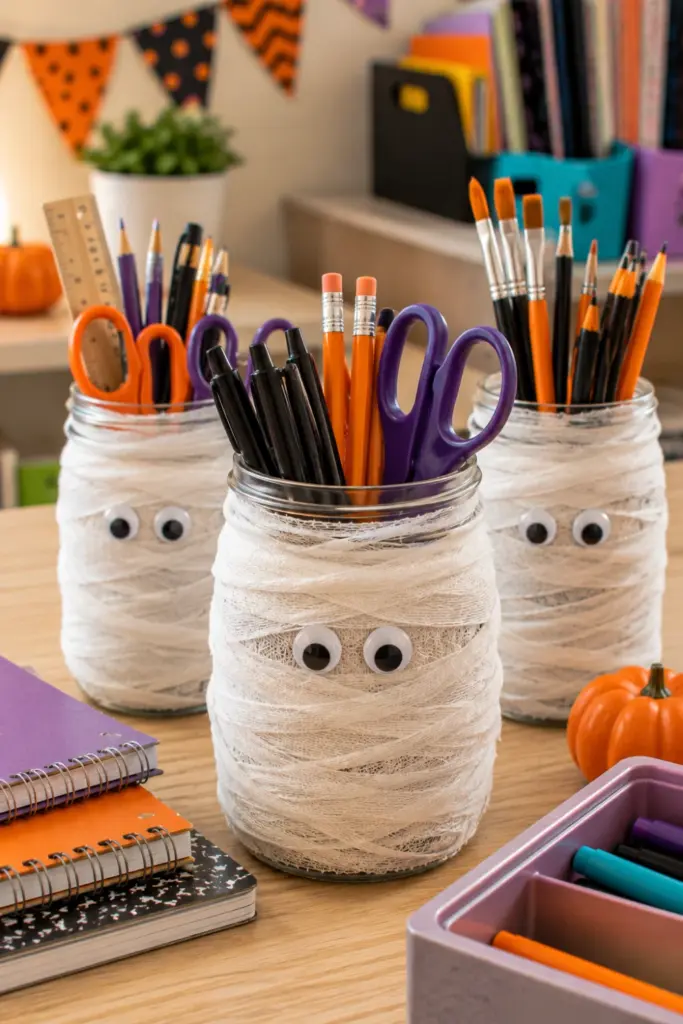 Cute DIY mason jar mummy pencil holders wrapped in white gauze with googly eyes on a modern Halloween classroom desk.