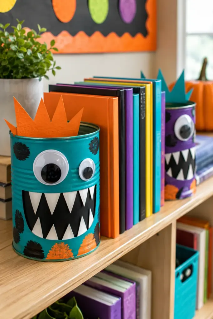 Colorful DIY monster mouth bookends made from decorated cans holding books on a modern classroom shelf.