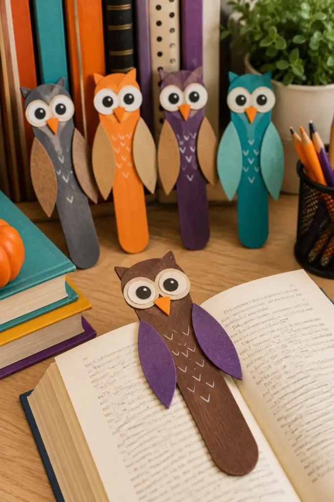 Cute handmade owl bookmarks made from painted popsicle sticks displayed with colorful classroom books.