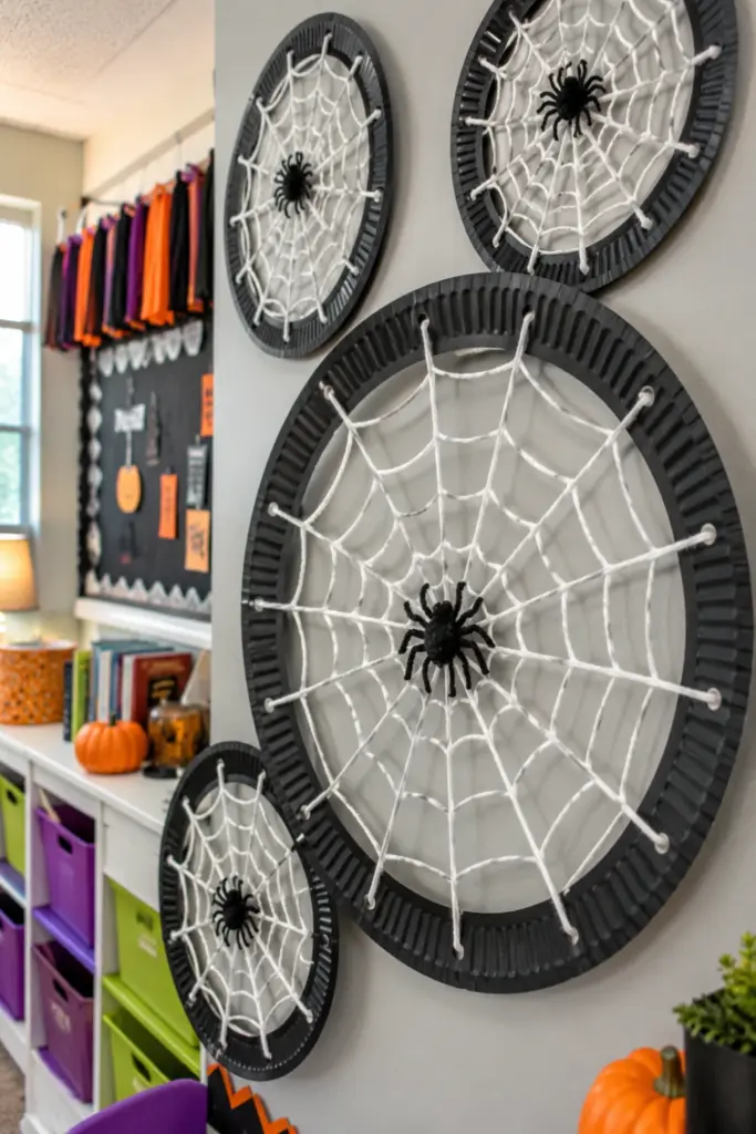 Paper plate spider webs with white yarn and black spiders decorating a colorful modern classroom wall for Halloween.