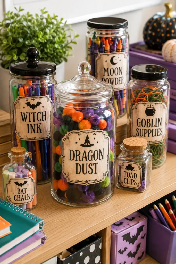 Spooky potion labels decorating classroom supply jars filled with colorful markers and craft materials.