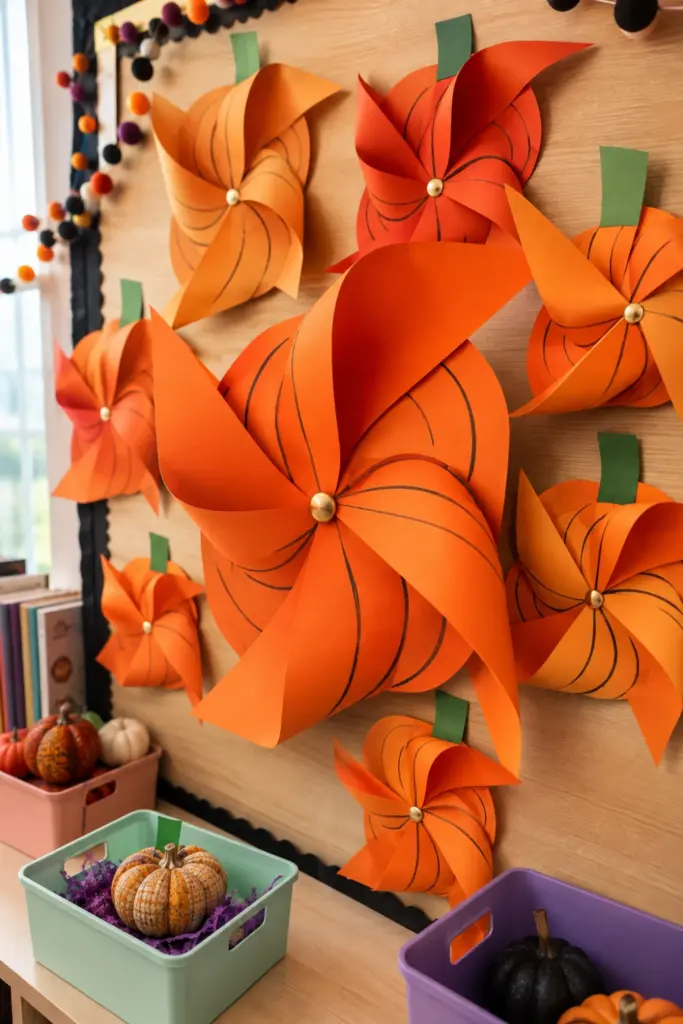 Handmade orange pumpkin pinwheels with green stems displayed as colorful Halloween classroom decorations.