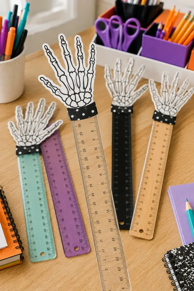 Handmade Halloween rulers decorated with white skeleton hands and bone details displayed on a modern classroom desk.