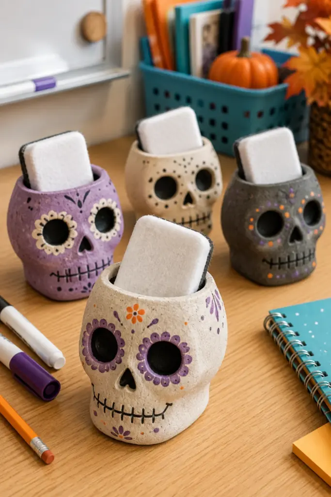 Handmade salt dough skull eraser holders displayed with whiteboard erasers on a colorful modern classroom desk.