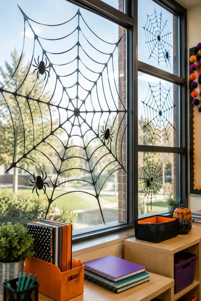 Handmade black spider web window clings with small spiders are decorating a bright modern classroom window for Halloween.