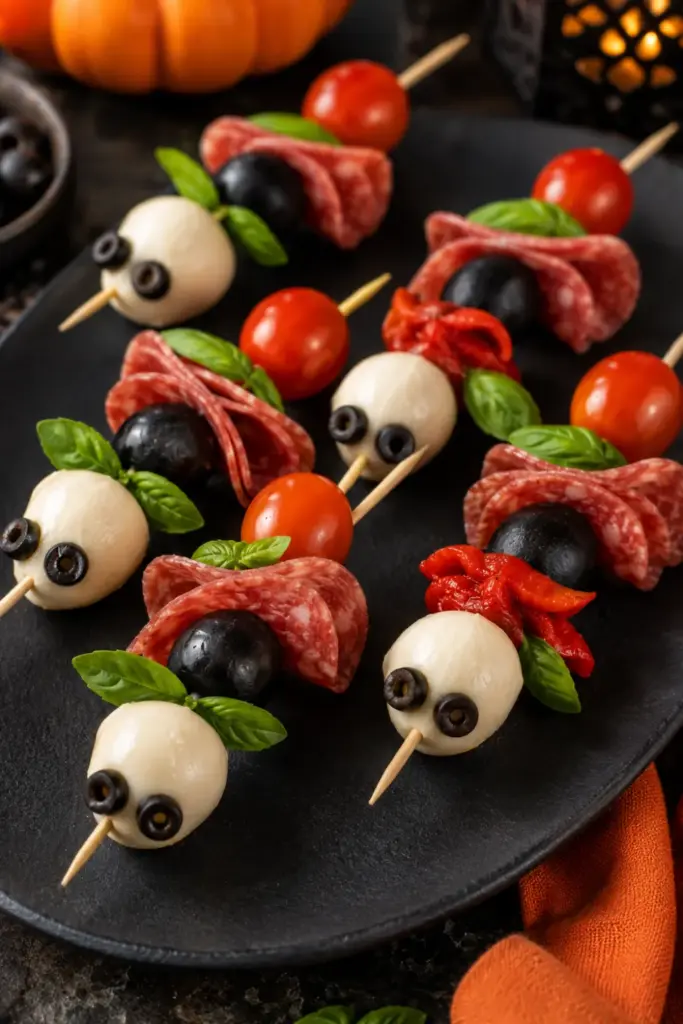 Creepy Crawly Antipasto Skewers with mozzarella pearls, folded salami, olives, and cherry tomatoes arranged as playful edible bugs for a Halloween party.