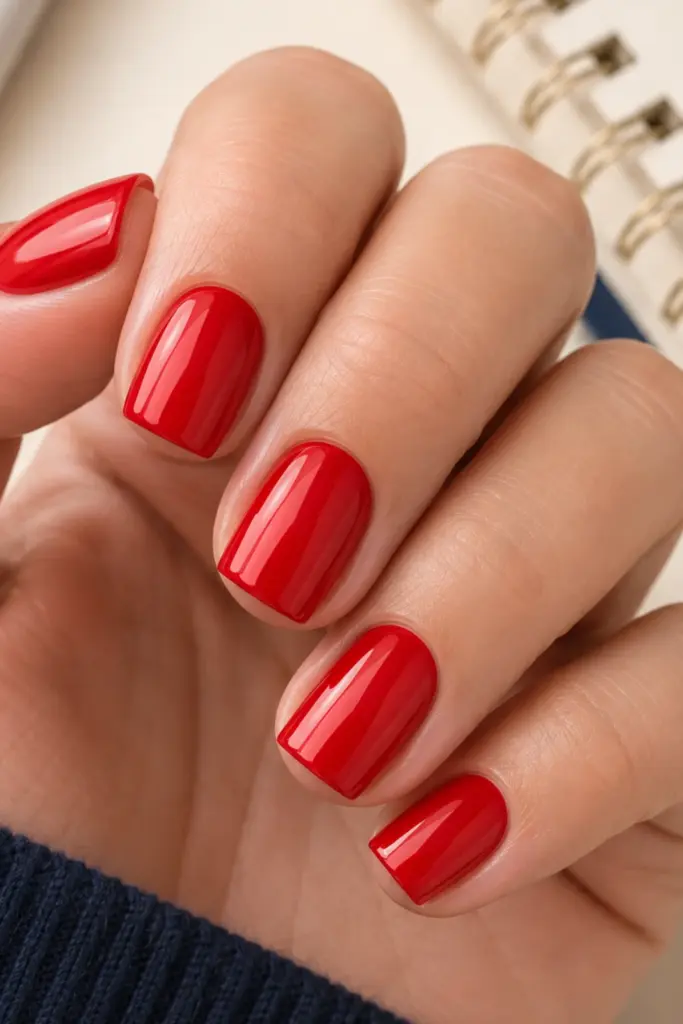 Classic apple-red short square nails with a glossy finish, styled as a bold and confident back-to-school manicure.