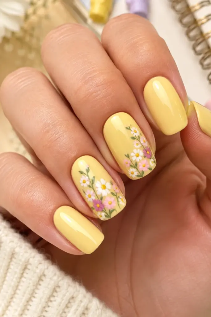 Butter-yellow back-to-school nails with delicate white and pastel floral accents on short polished nails in a bright Pinterest-ready style.