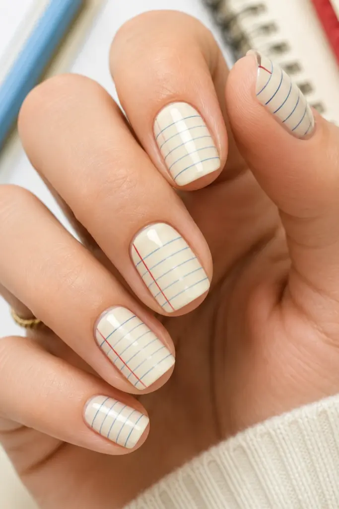 College-ruled notebook nail art with a sheer ivory base, pale-blue horizontal lines, and red margin accents on polished nails.