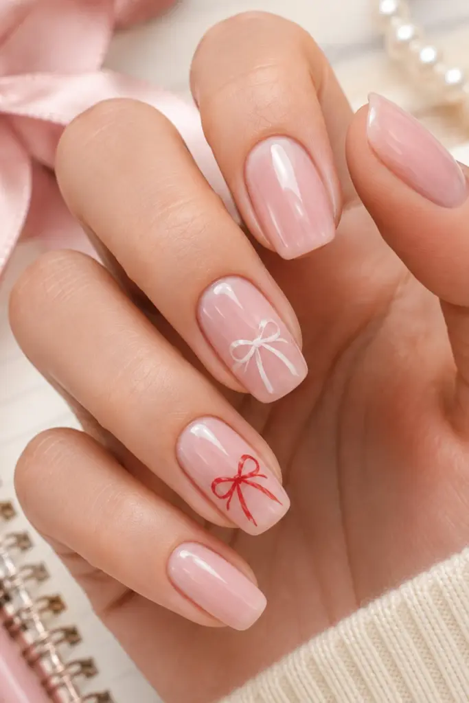 Cute coquette bow accent nails featuring delicate hand-painted bows on soft pink squoval nails with a glossy finish.