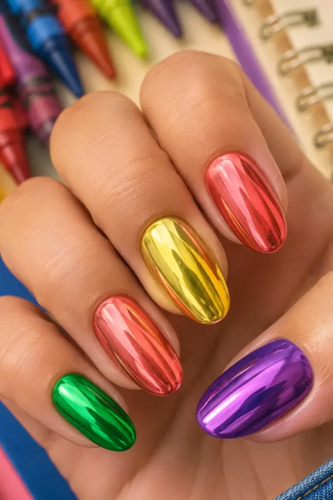 Colorful Crayola-inspired chrome nails featuring bright rainbow metallic shades customized with playful school-color accents.