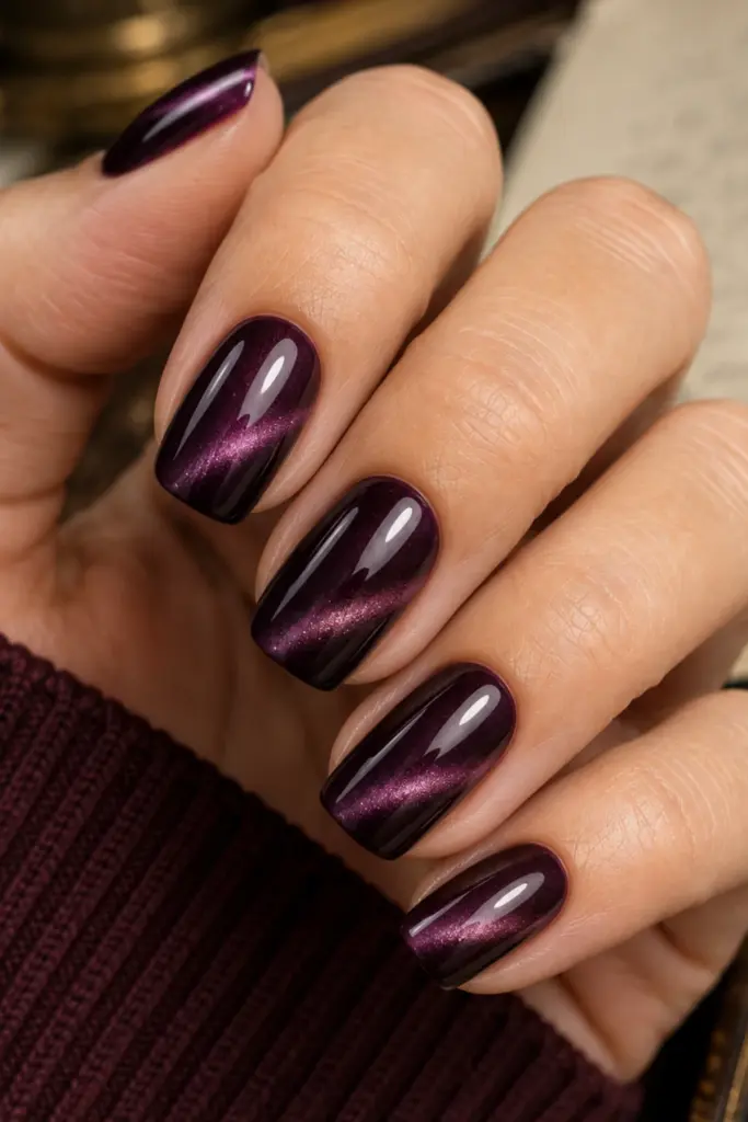 Dark academia plum cat-eye back-to-school nails with a rich velvet magnetic shimmer and glossy short-to-medium manicure.