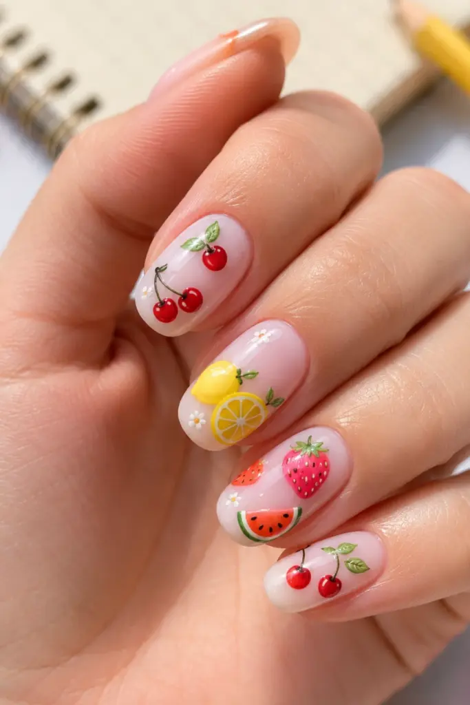 Colorful fruit-inspired back-to-school nails featuring tiny watermelon, lemon, strawberry, and cherry details on glossy pastel nails.