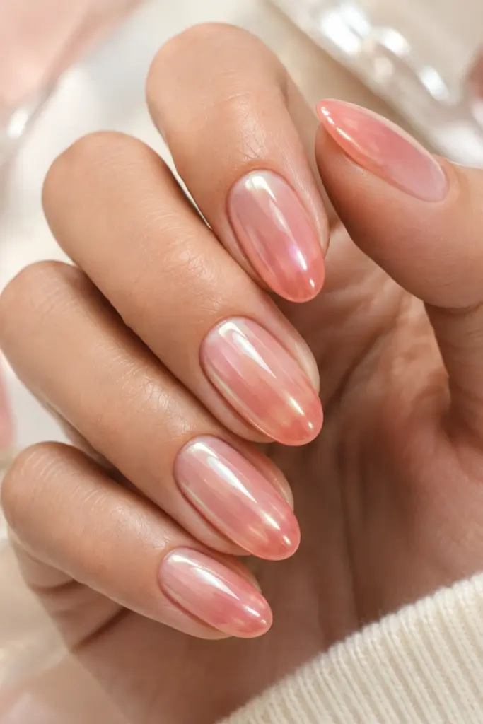 Glossy glazed jelly nails in a translucent milky nude and soft coral finish, styled for a fresh back-to-school manicure.