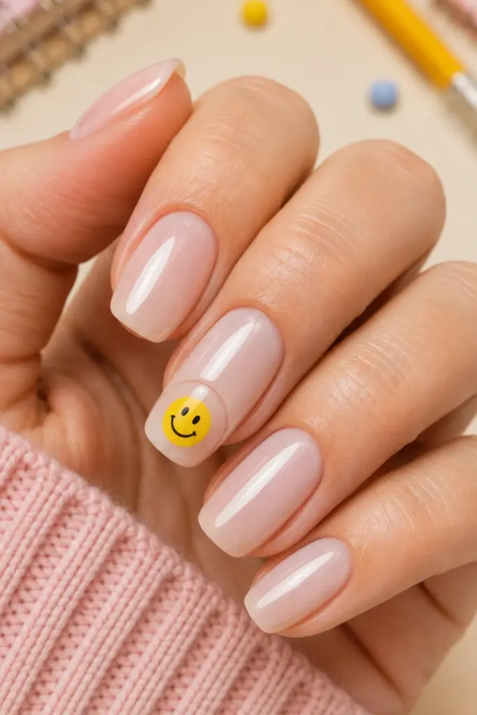 Cute Y2K-inspired happy face accent nails with tiny smiley details on glossy pastel nails for a playful back-to-school manicure.