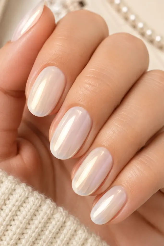 Milky chrome back-to-school nails with soft pearl shimmer and a glossy nude-white finish in an elegant Pinterest beauty close-up.