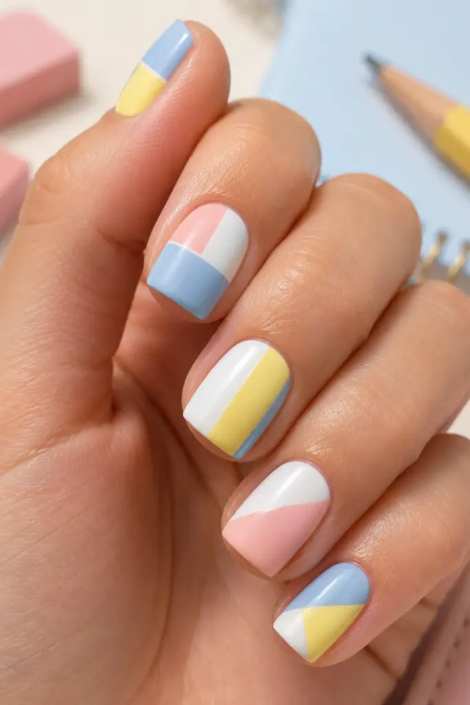 Pastel color-block square nails in soft blue, white, yellow, and pink with clean geometric sections and a glossy finish.
