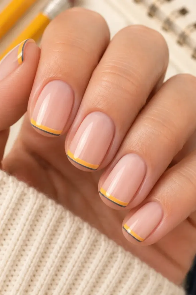 Pencil-inspired micro French nails with golden-yellow tips and ultra-thin charcoal stripes on clean nude nails.