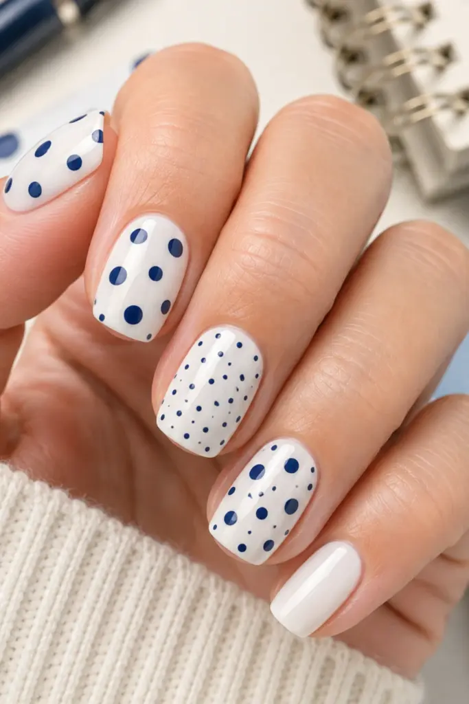 Playful navy-and-white polka dot back-to-school nails with crisp, glossy dots on short polished nails for a Pinterest-friendly manicure.