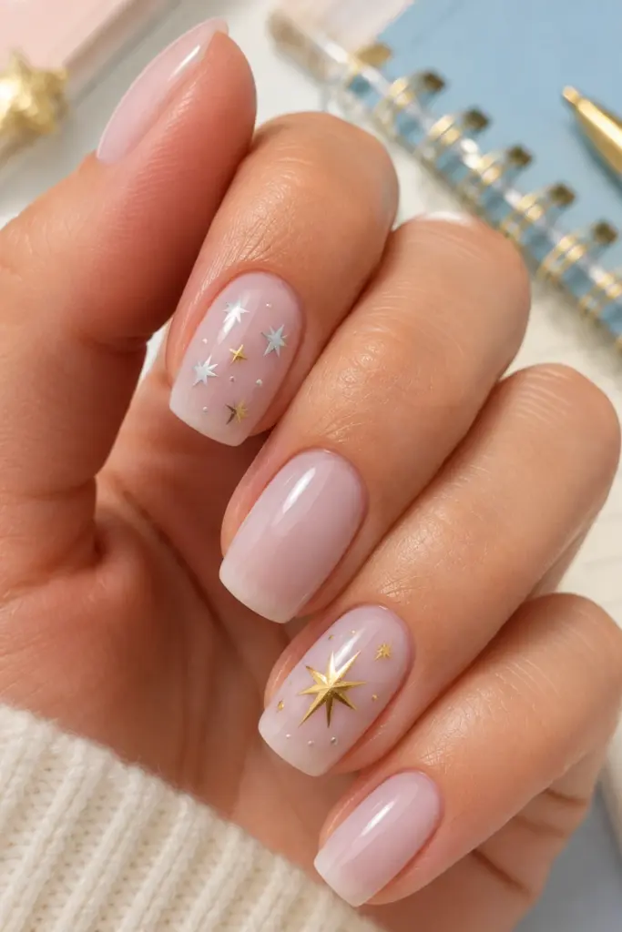 Cute star nail art with tiny metallic stars scattered across glossy neutral nails for a stylish back-to-school manicure.