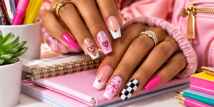 Cute back-to-school nails featuring pink, white, heart, bow, star, and checkerboard nail art designs styled with colorful school supplies for easy nail inspiration.