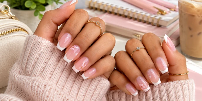 Cute clean girl nail ideas for back-to-school featuring glossy nude French tips, delicate pink floral accents, and simple feminine nail art for a polished everyday look.