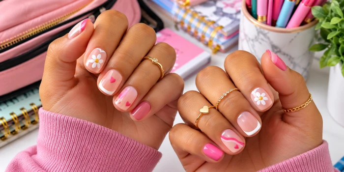 Cute short nail designs in pink, nude, white, heart, floral, and French tip styles for a stylish back-to-school season