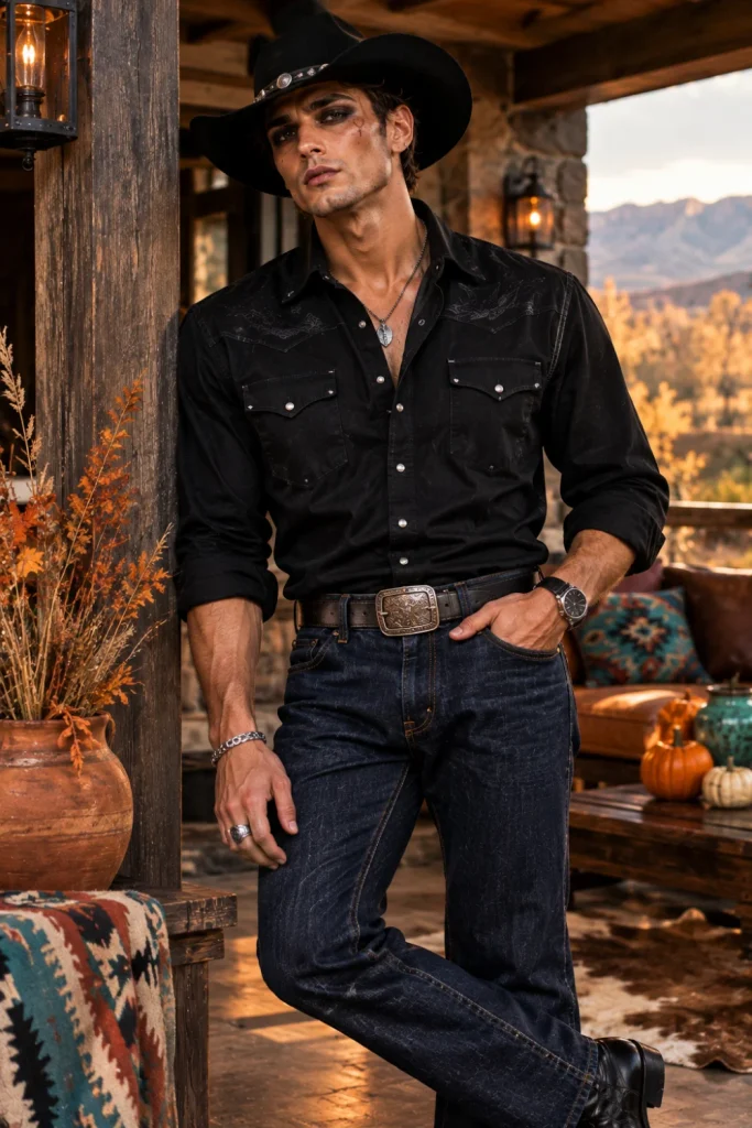 A modern dark cowboy Halloween outfit for men with a black western shirt, cowboy hat, boots, silver accessories, and smoky makeup.