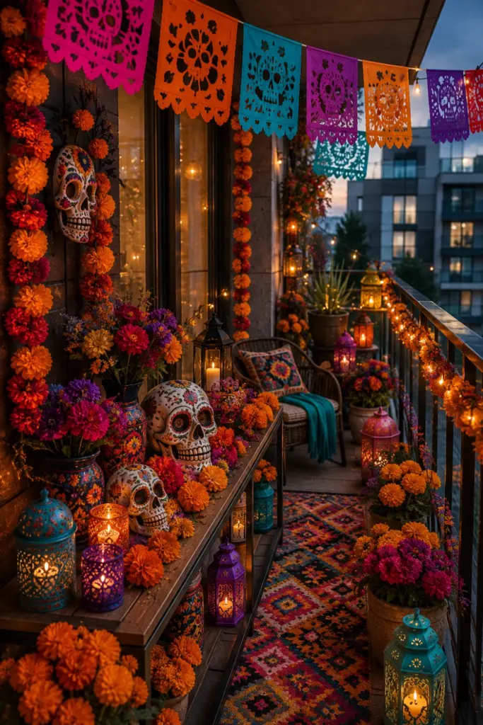 Colorful Day of the Dead Halloween balcony with marigold garlands, papel picado, sugar skull decor, and contemporary festive styling.
