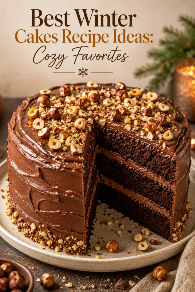 Decadent chocolate hazelnut cake layered with creamy hazelnut frosting and roasted hazelnuts for Best Winter Cakes Recipe Ideas: Cozy Favorites.
