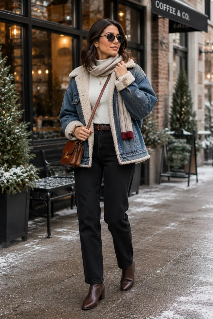 Trendy 2026 winter outfit featuring a sherpa-lined denim jacket, ivory knit top, black jeans, brown boots, and modern winter accessories.