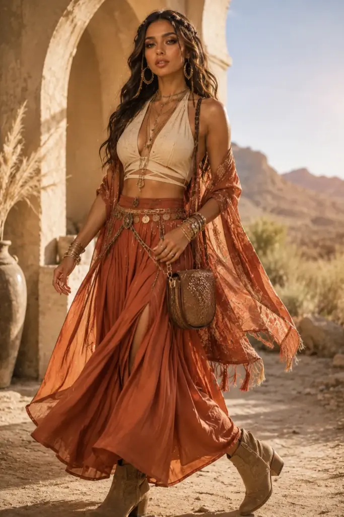 Desert Bohemian Siren Halloween outfit with flowing terracotta layers, bronze jewelry, warm smoky makeup, and modern 2026 styling.