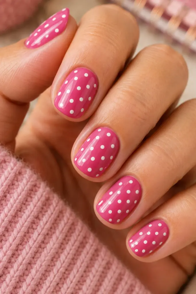 Bright pink short nails covered with delicate white polka dots for a playful classy fall look.