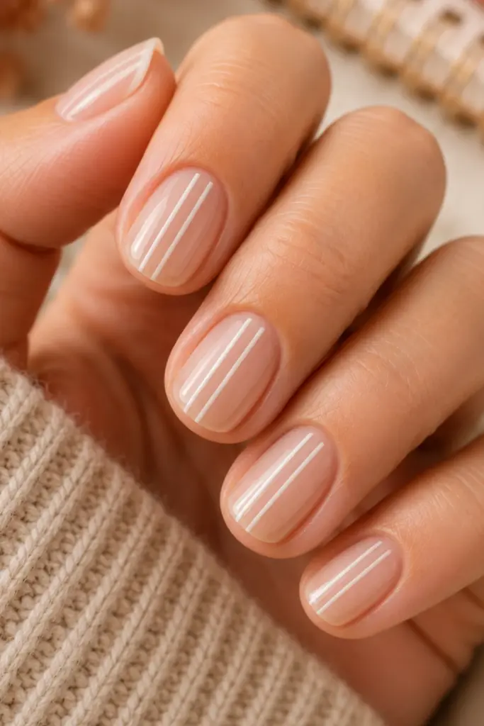 Short transparent nails with two clean white vertical stripes for a chic minimalist fall manicure.