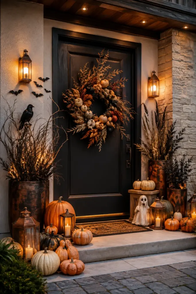 Dramatic contemporary Halloween front door layered with pumpkins, copper accents, twisted branches, and warm lanterns for Best Halloween Aesthetic Design Ideas for Every Home.
