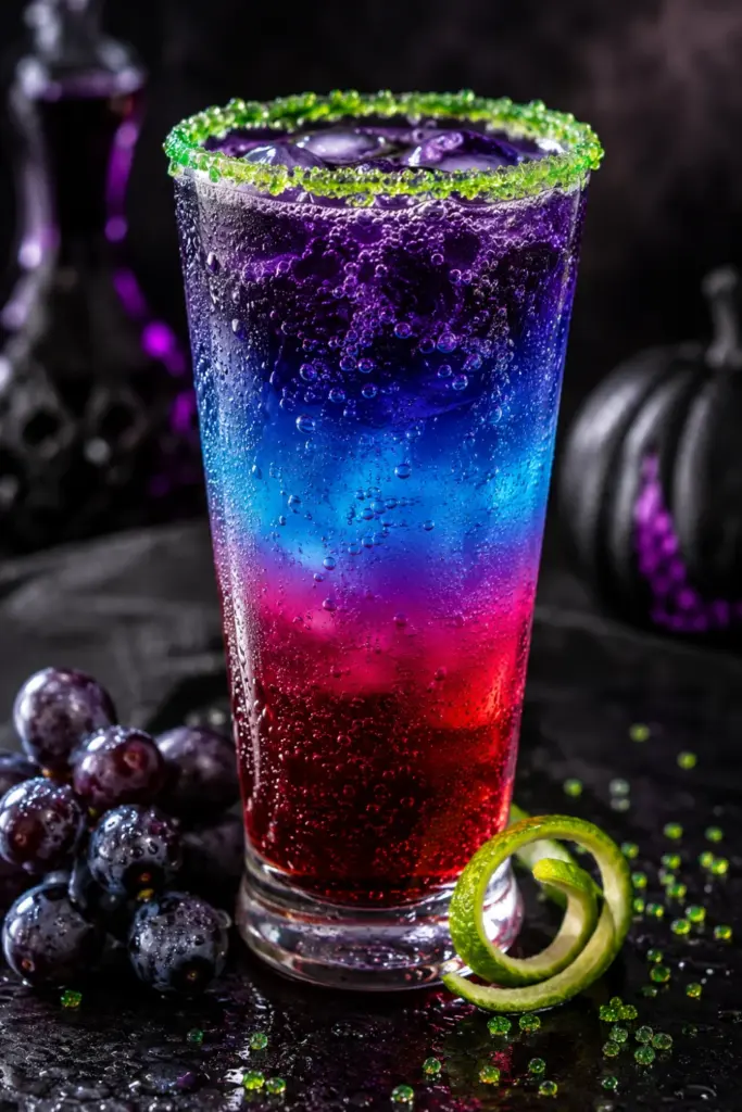 Drunk Witch Cocktail with layered vodka, blue curaçao, grenadine, grape soda, and a bright green sugar rim for Halloween.
